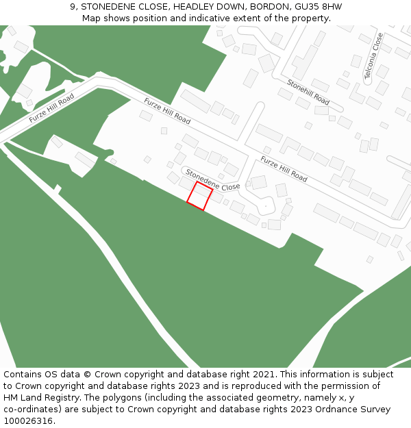 9, STONEDENE CLOSE, HEADLEY DOWN, BORDON, GU35 8HW: Location map and indicative extent of plot