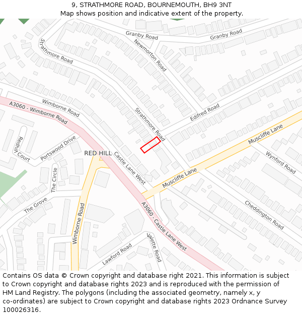 9, STRATHMORE ROAD, BOURNEMOUTH, BH9 3NT: Location map and indicative extent of plot