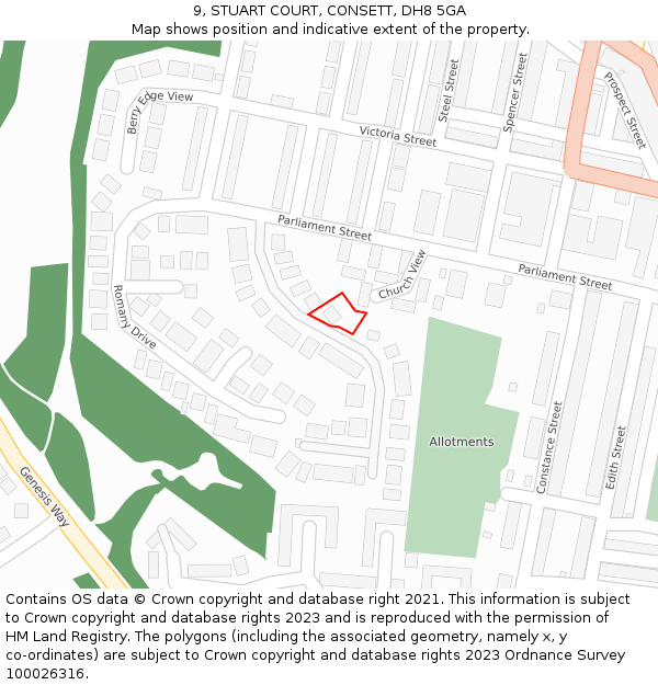 9, STUART COURT, CONSETT, DH8 5GA: Location map and indicative extent of plot