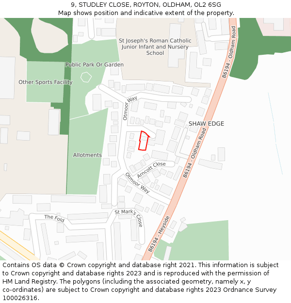 9, STUDLEY CLOSE, ROYTON, OLDHAM, OL2 6SG: Location map and indicative extent of plot