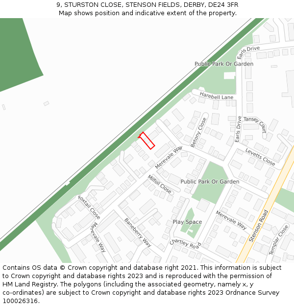 9, STURSTON CLOSE, STENSON FIELDS, DERBY, DE24 3FR: Location map and indicative extent of plot