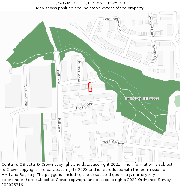 9, SUMMERFIELD, LEYLAND, PR25 3ZG: Location map and indicative extent of plot