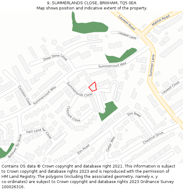 9, SUMMERLANDS CLOSE, BRIXHAM, TQ5 0EA: Location map and indicative extent of plot