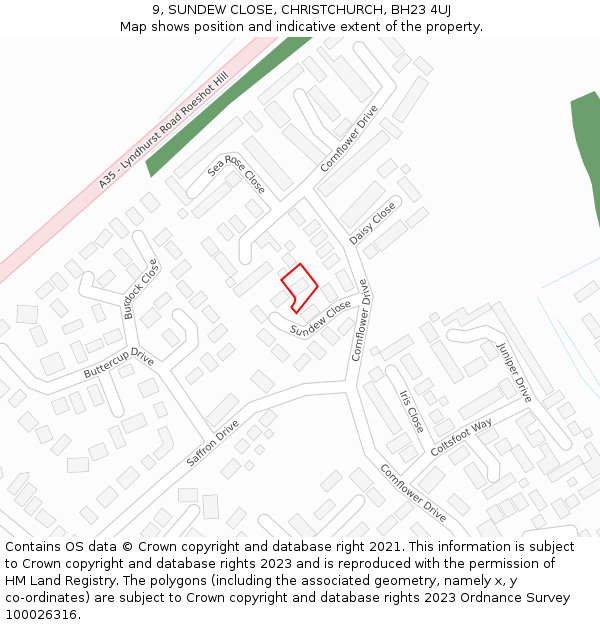 9, SUNDEW CLOSE, CHRISTCHURCH, BH23 4UJ: Location map and indicative extent of plot