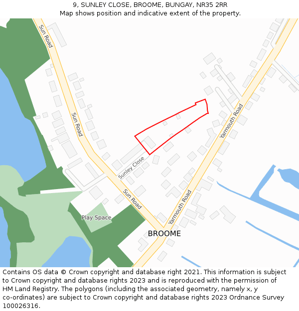 9, SUNLEY CLOSE, BROOME, BUNGAY, NR35 2RR: Location map and indicative extent of plot