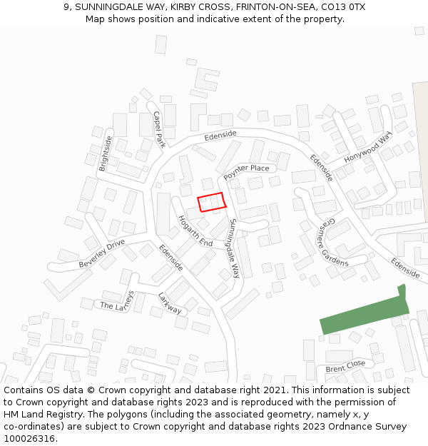 9, SUNNINGDALE WAY, KIRBY CROSS, FRINTON-ON-SEA, CO13 0TX: Location map and indicative extent of plot