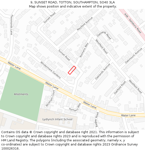 9, SUNSET ROAD, TOTTON, SOUTHAMPTON, SO40 3LA: Location map and indicative extent of plot