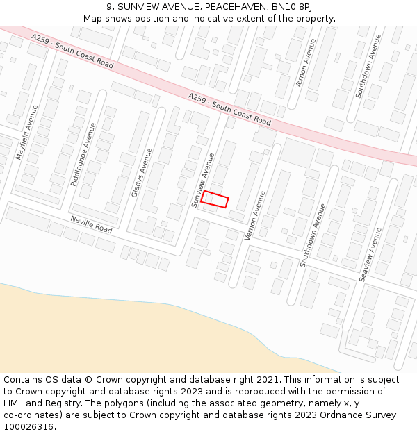 9, SUNVIEW AVENUE, PEACEHAVEN, BN10 8PJ: Location map and indicative extent of plot