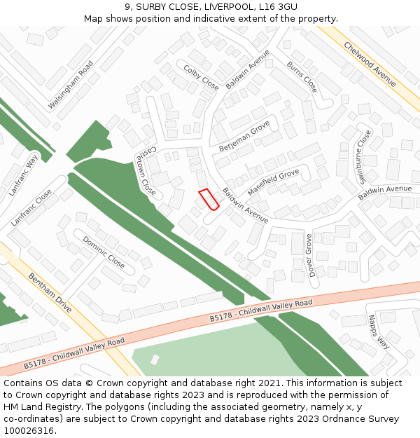 9, SURBY CLOSE, LIVERPOOL, L16 3GU: Location map and indicative extent of plot