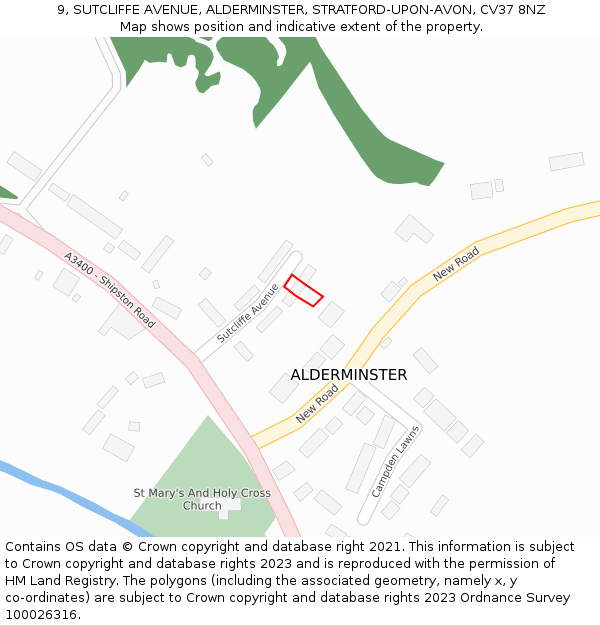 9, SUTCLIFFE AVENUE, ALDERMINSTER, STRATFORD-UPON-AVON, CV37 8NZ: Location map and indicative extent of plot