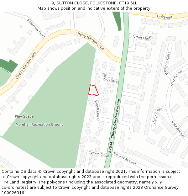 9, SUTTON CLOSE, FOLKESTONE, CT19 5LL: Location map and indicative extent of plot