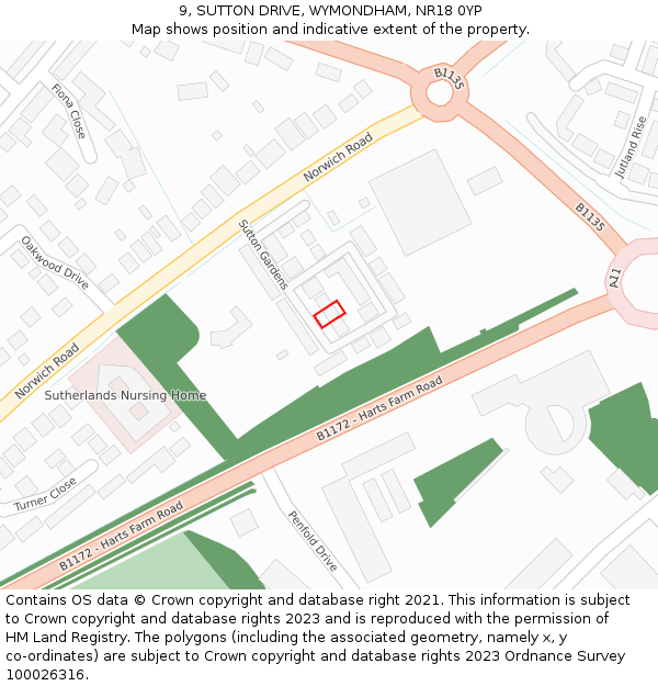 9, SUTTON DRIVE, WYMONDHAM, NR18 0YP: Location map and indicative extent of plot