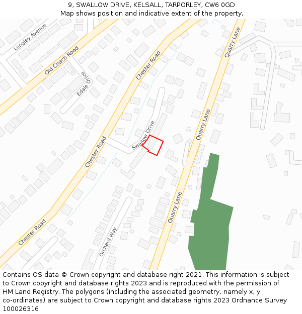 9, SWALLOW DRIVE, KELSALL, TARPORLEY, CW6 0GD: Location map and indicative extent of plot