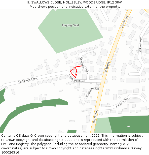 9, SWALLOWS CLOSE, HOLLESLEY, WOODBRIDGE, IP12 3RW: Location map and indicative extent of plot