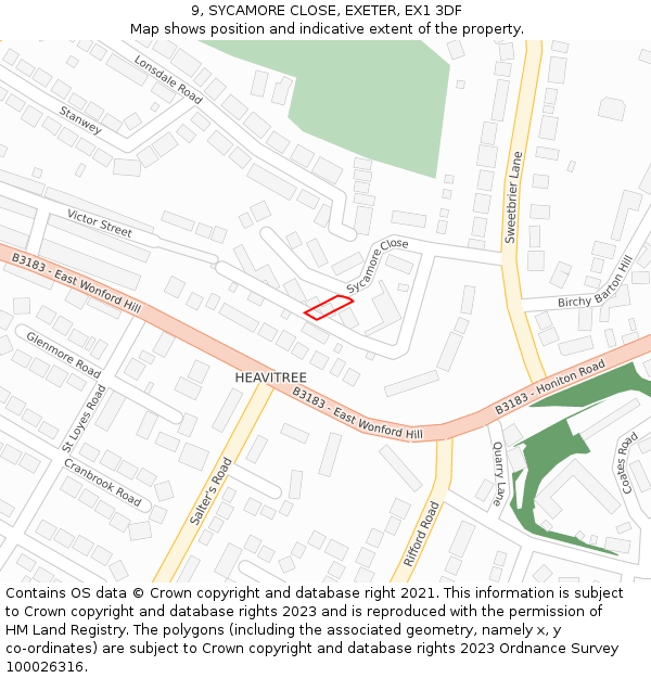 9, SYCAMORE CLOSE, EXETER, EX1 3DF: Location map and indicative extent of plot