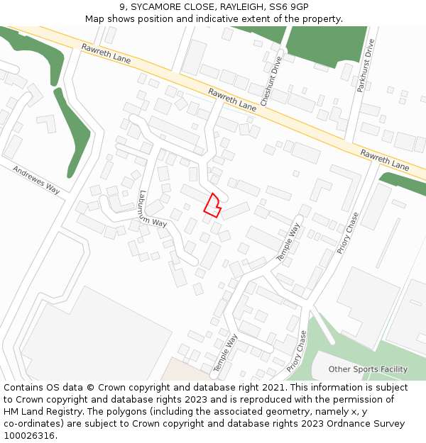 9, SYCAMORE CLOSE, RAYLEIGH, SS6 9GP: Location map and indicative extent of plot