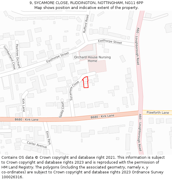 9, SYCAMORE CLOSE, RUDDINGTON, NOTTINGHAM, NG11 6PP: Location map and indicative extent of plot