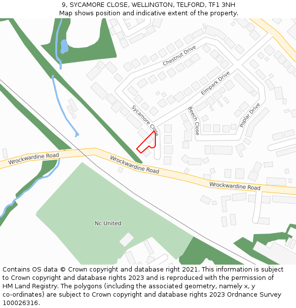 9, SYCAMORE CLOSE, WELLINGTON, TELFORD, TF1 3NH: Location map and indicative extent of plot
