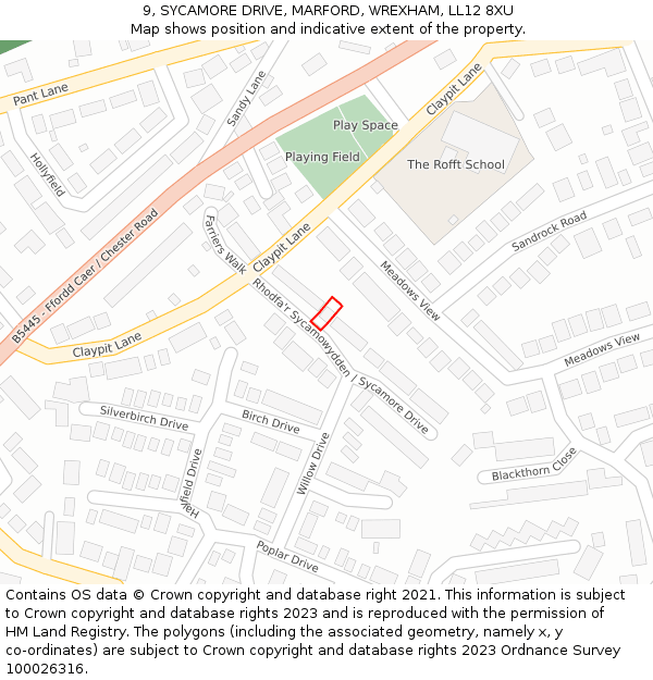 9, SYCAMORE DRIVE, MARFORD, WREXHAM, LL12 8XU: Location map and indicative extent of plot