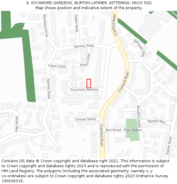 9, SYCAMORE GARDENS, BURTON LATIMER, KETTERING, NN15 5SD: Location map and indicative extent of plot