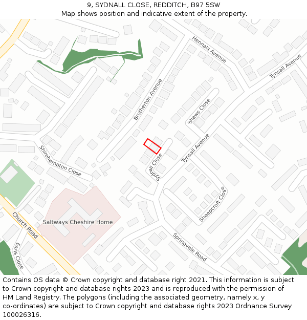 9, SYDNALL CLOSE, REDDITCH, B97 5SW: Location map and indicative extent of plot