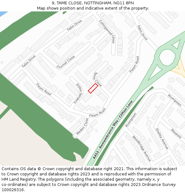 9, TAME CLOSE, NOTTINGHAM, NG11 8PN: Location map and indicative extent of plot