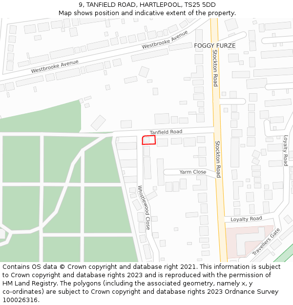 9, TANFIELD ROAD, HARTLEPOOL, TS25 5DD: Location map and indicative extent of plot
