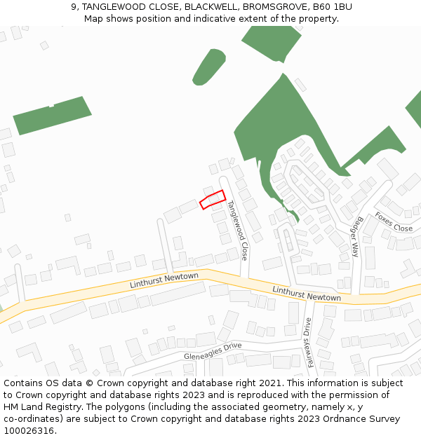 9, TANGLEWOOD CLOSE, BLACKWELL, BROMSGROVE, B60 1BU: Location map and indicative extent of plot