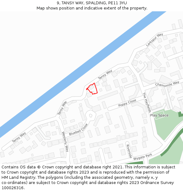 9, TANSY WAY, SPALDING, PE11 3YU: Location map and indicative extent of plot