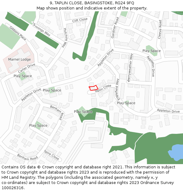 9, TAPLIN CLOSE, BASINGSTOKE, RG24 9FQ: Location map and indicative extent of plot