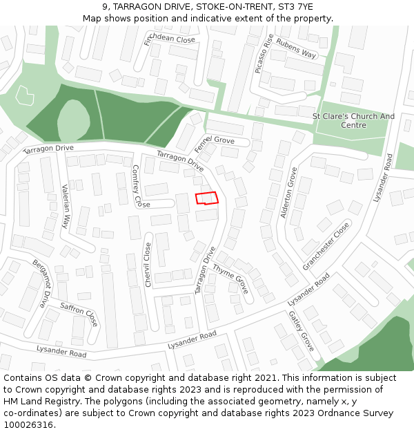 9, TARRAGON DRIVE, STOKE-ON-TRENT, ST3 7YE: Location map and indicative extent of plot