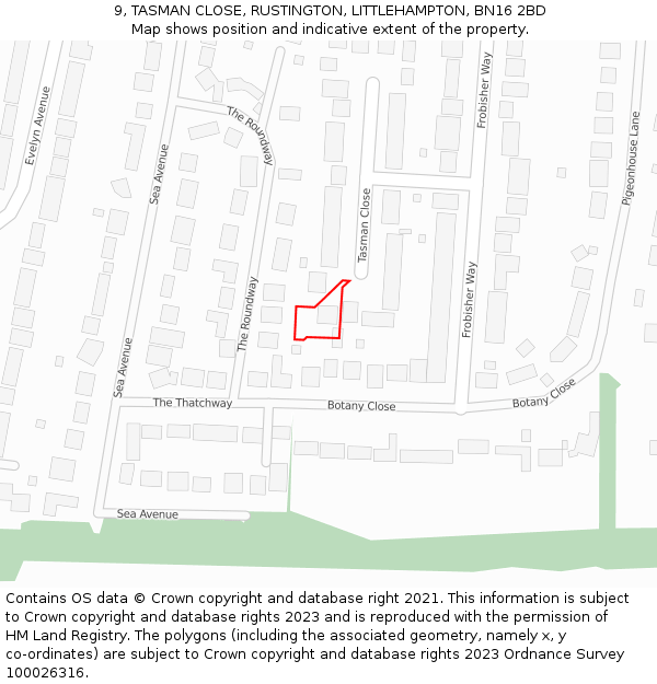 9, TASMAN CLOSE, RUSTINGTON, LITTLEHAMPTON, BN16 2BD: Location map and indicative extent of plot
