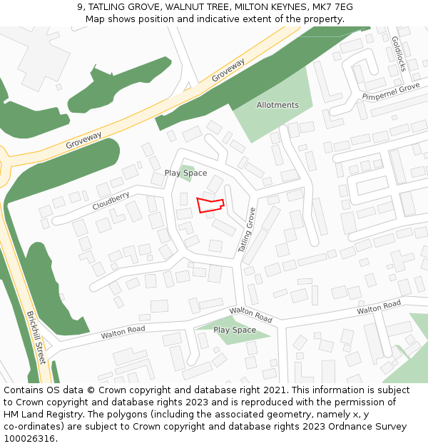 9, TATLING GROVE, WALNUT TREE, MILTON KEYNES, MK7 7EG: Location map and indicative extent of plot