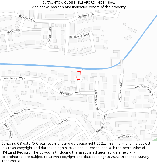 9, TAUNTON CLOSE, SLEAFORD, NG34 8WL: Location map and indicative extent of plot