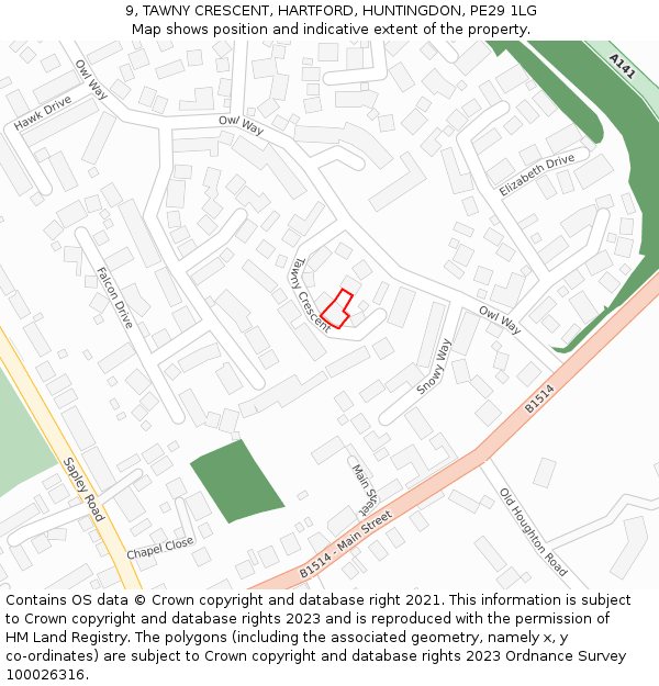 9, TAWNY CRESCENT, HARTFORD, HUNTINGDON, PE29 1LG: Location map and indicative extent of plot