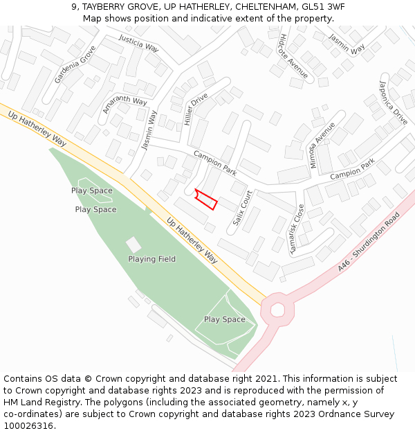 9, TAYBERRY GROVE, UP HATHERLEY, CHELTENHAM, GL51 3WF: Location map and indicative extent of plot