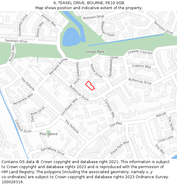 9, TEASEL DRIVE, BOURNE, PE10 0GB: Location map and indicative extent of plot