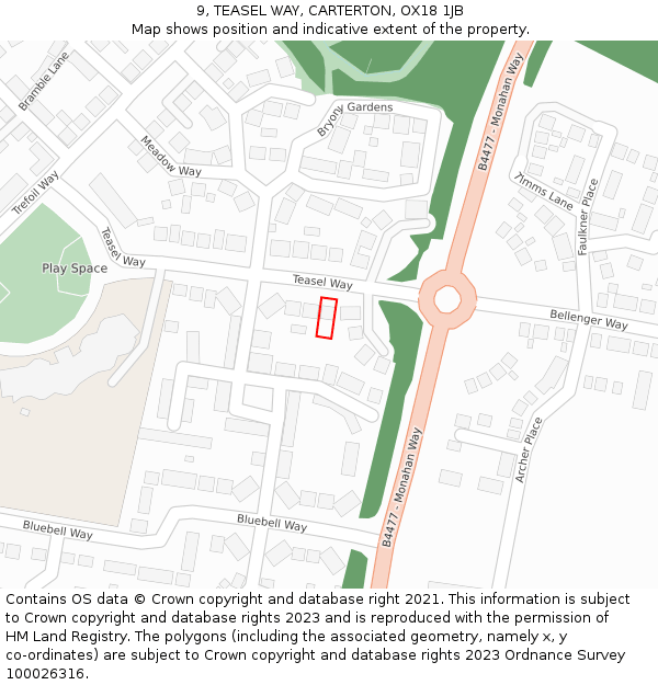 9, TEASEL WAY, CARTERTON, OX18 1JB: Location map and indicative extent of plot