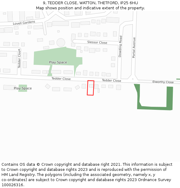 9, TEDDER CLOSE, WATTON, THETFORD, IP25 6HU: Location map and indicative extent of plot