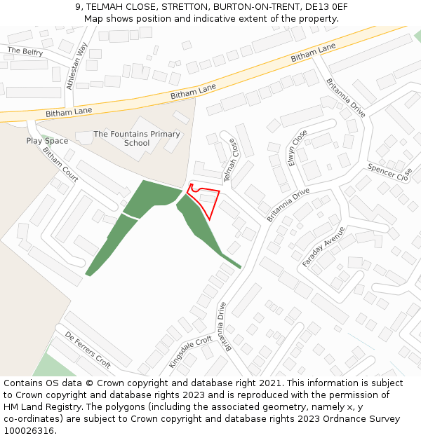 9, TELMAH CLOSE, STRETTON, BURTON-ON-TRENT, DE13 0EF: Location map and indicative extent of plot