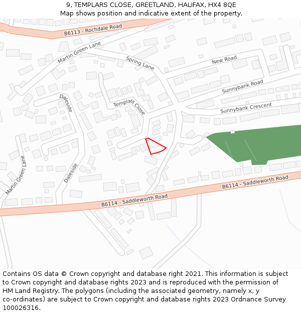 9, TEMPLARS CLOSE, GREETLAND, HALIFAX, HX4 8QE: Location map and indicative extent of plot