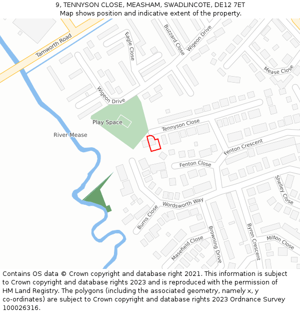 9, TENNYSON CLOSE, MEASHAM, SWADLINCOTE, DE12 7ET: Location map and indicative extent of plot