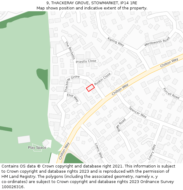 9, THACKERAY GROVE, STOWMARKET, IP14 1RE: Location map and indicative extent of plot