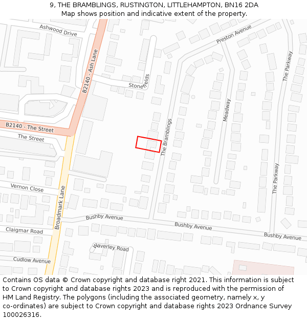 9, THE BRAMBLINGS, RUSTINGTON, LITTLEHAMPTON, BN16 2DA: Location map and indicative extent of plot