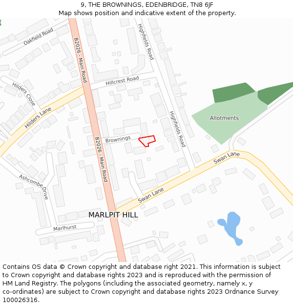 9, THE BROWNINGS, EDENBRIDGE, TN8 6JF: Location map and indicative extent of plot