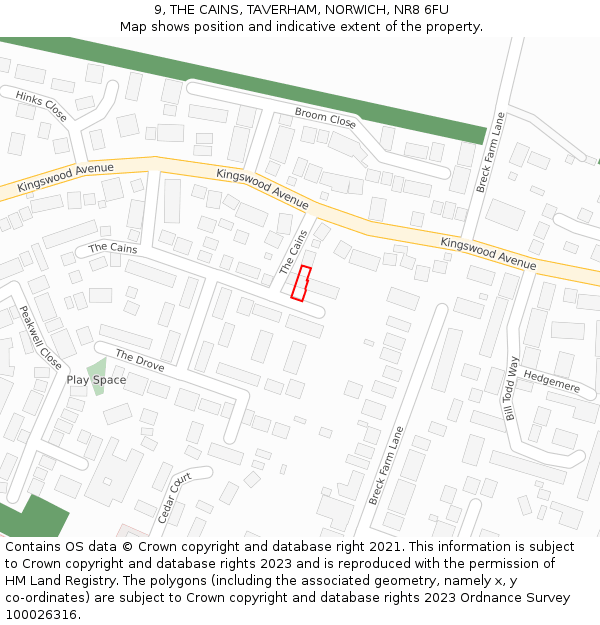 9, THE CAINS, TAVERHAM, NORWICH, NR8 6FU: Location map and indicative extent of plot