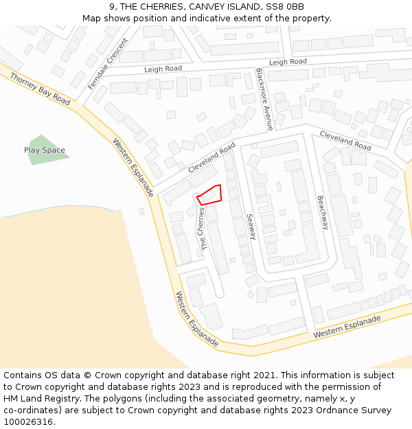 9, THE CHERRIES, CANVEY ISLAND, SS8 0BB: Location map and indicative extent of plot
