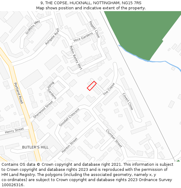 9, THE COPSE, HUCKNALL, NOTTINGHAM, NG15 7RS: Location map and indicative extent of plot