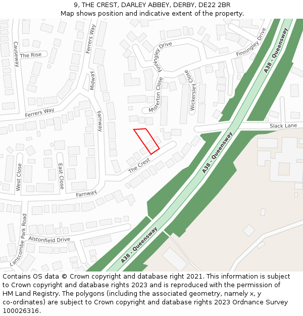 9, THE CREST, DARLEY ABBEY, DERBY, DE22 2BR: Location map and indicative extent of plot