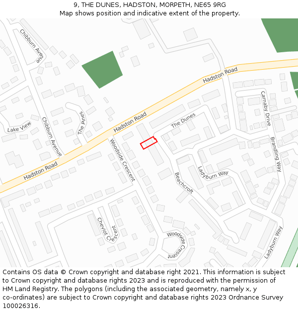 9, THE DUNES, HADSTON, MORPETH, NE65 9RG: Location map and indicative extent of plot